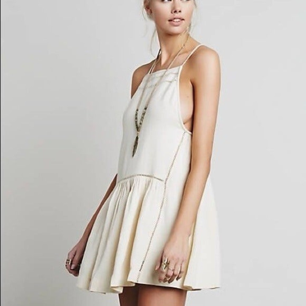 Free People Skipping Stones Mini Dress XS Ivory Cream Linen Cotton Ladder Lace
